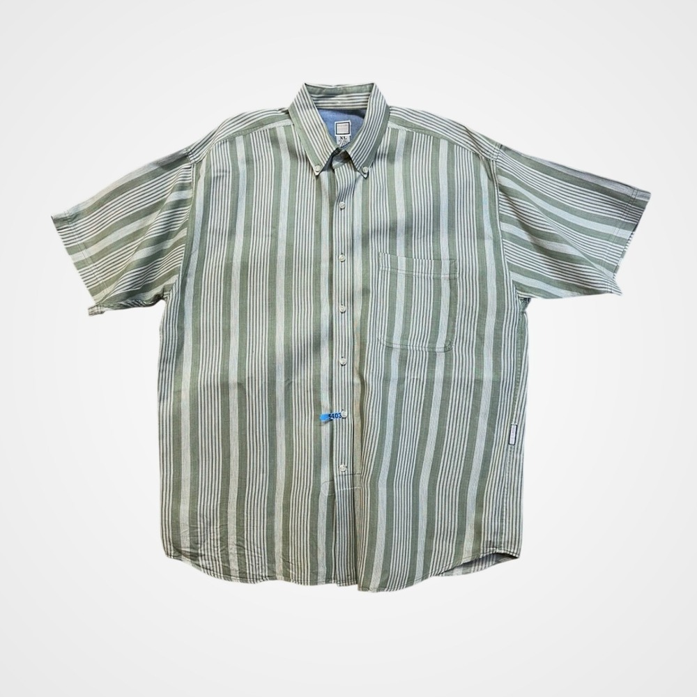 Basic Equipment Button Down Shirt Mens XL‎ Green Striped Excellent Short Sleeve